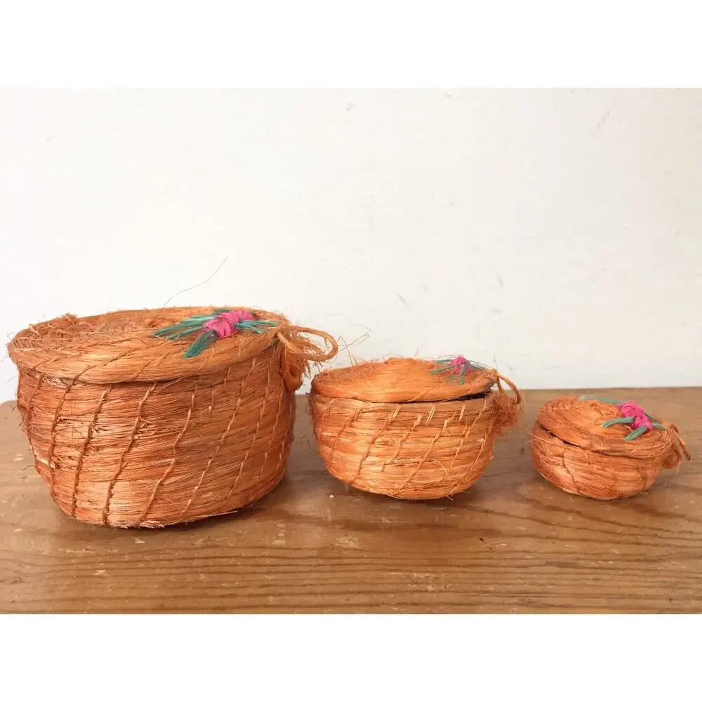 Set 3 Vintage Asian Handmade Woven Orange Straw Nesting Decorative Baskets 3.5